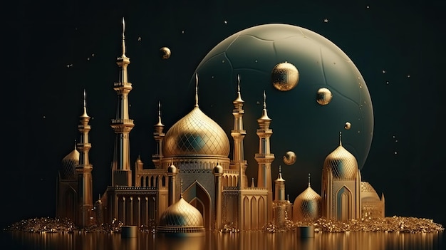 A digital illustration of a mosque and a planet with stars.