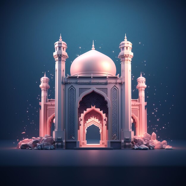 A digital illustration of a mosque with a blue background