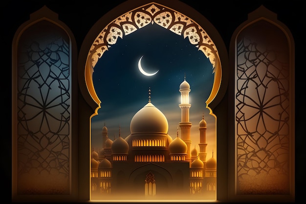 A digital illustration of a mosque with a moon and stars