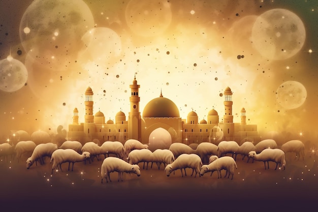 A digital illustration of a mosque with sheep in front of it