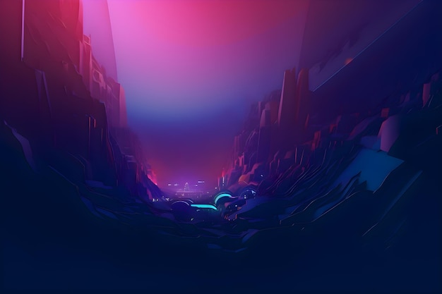 A digital illustration of a mountain landscape with a blue and purple background.