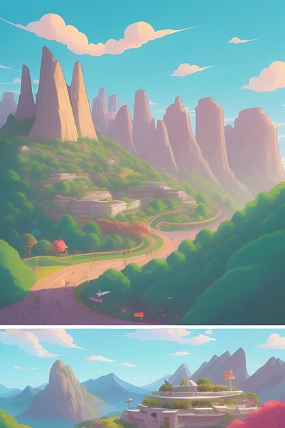 Photo a digital illustration of a mountain landscape with a car driving down the road