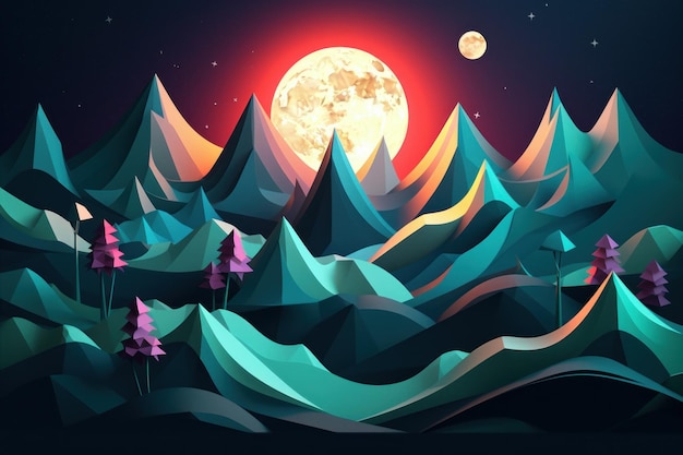 A digital illustration of a mountain landscape with the moon in the background.