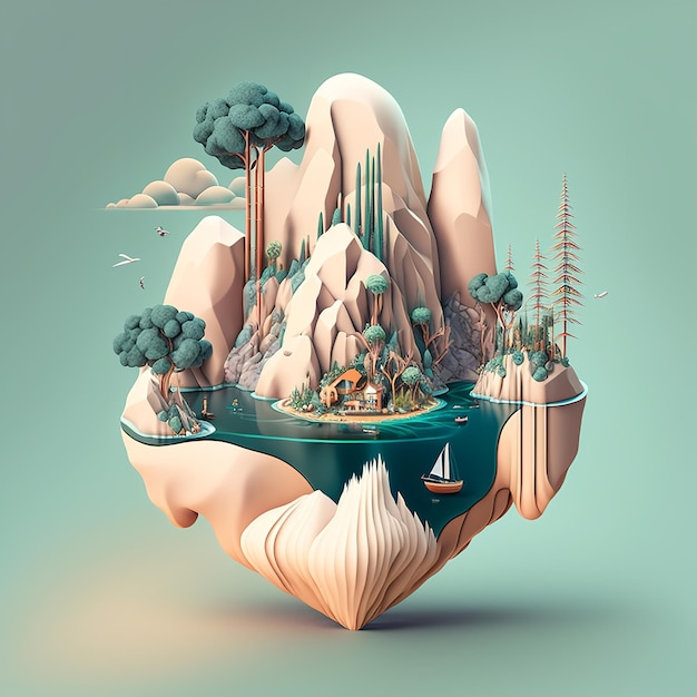 Photo a digital illustration of a mountain landscape with trees and a boat