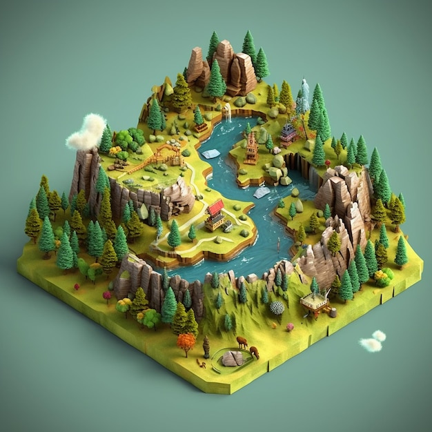 A digital illustration of a mountain with a river and a forest.