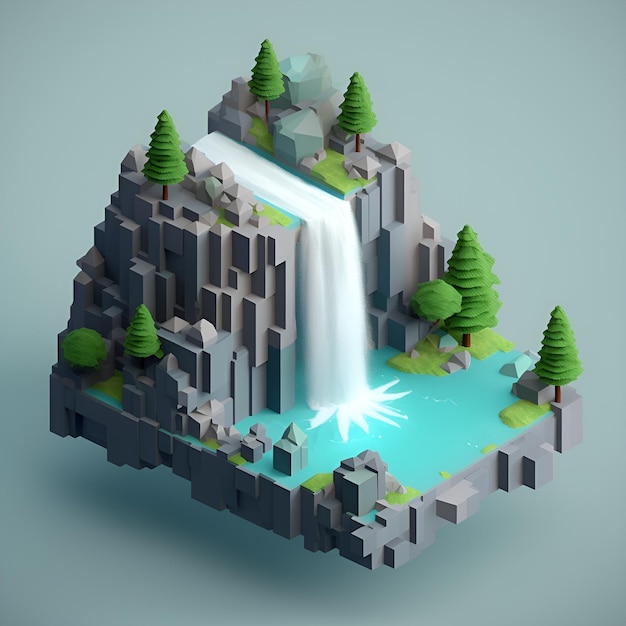 A digital illustration of a mountain with a waterfall in the middle.