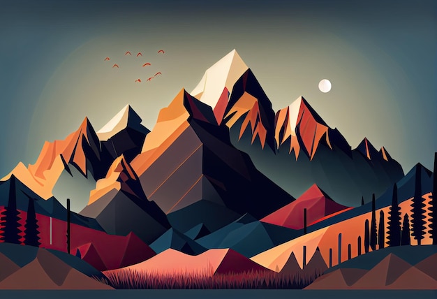 A digital illustration of mountains and a clock.