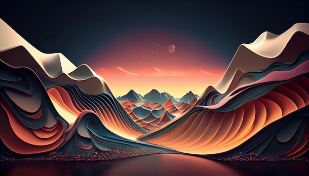 A digital illustration of mountains with a moon in the background.