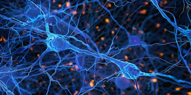 Digital illustration of a neural network with blue neurons and glial cells abstract background to