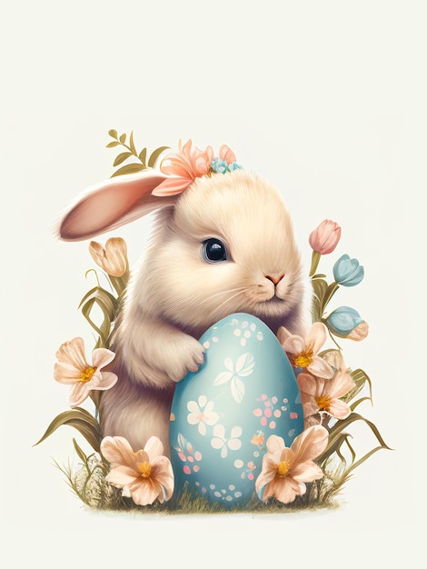 사진 꽃 장식으로 파란색 부활절 달걀을 들고 귀여운 아기 토끼의 디지털 그림 아름다운 꽃 구성 휴일 카드 배너 템플릿