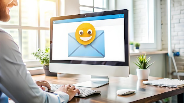 사진 웃는 이메일 아이콘을 반영한 고객 서비스 우수성의 디지털 일러스트레이션