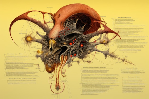 写真 ビネット付きの背景色のニューロンのデジタル イラストレーション ai が生成した女性の生殖器の解剖図