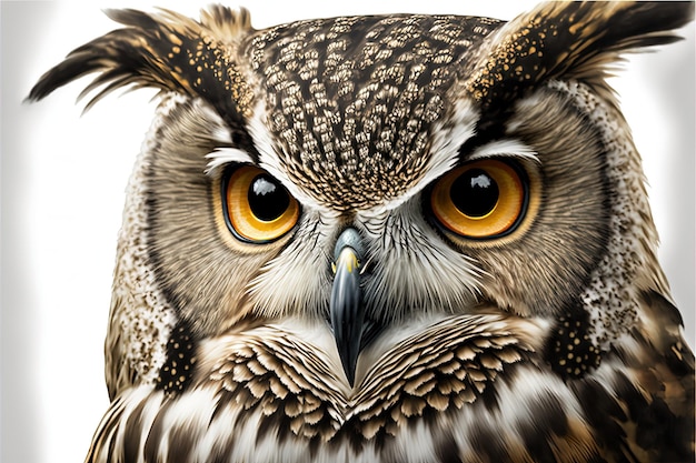 Digital illustration of owl face on white background. Generative AI