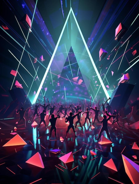 A digital illustration of people dancing on a stage with lights on the top.