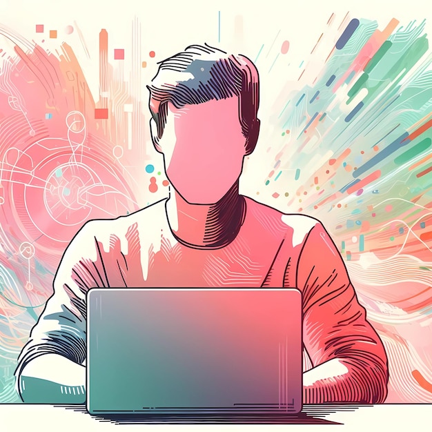 Цифровая иллюстрация человека, сидящего за столом с ноутбуком
