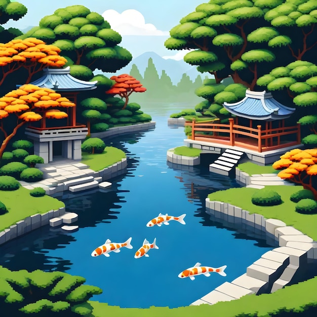 Photo a digital illustration of a pond with koi fish swimming in it