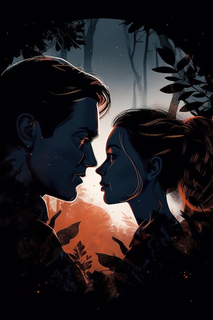 Digital illustration of poster for the cover shows a couple looking at each other