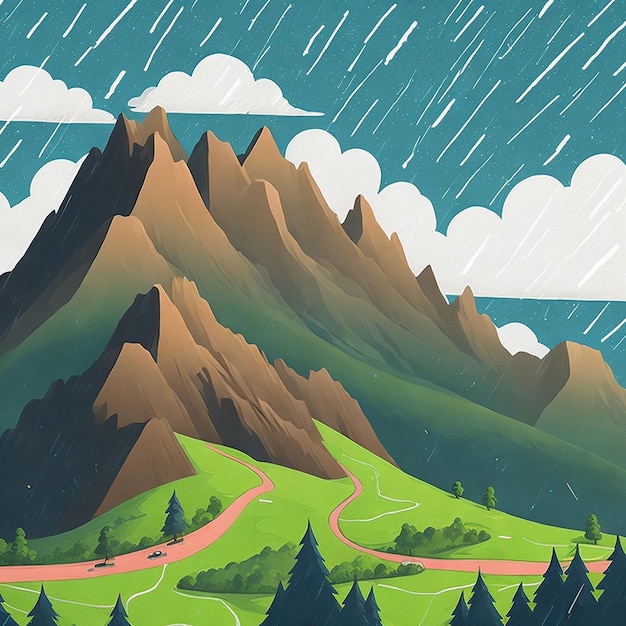 Digital illustration poster template with raining mountains landscape