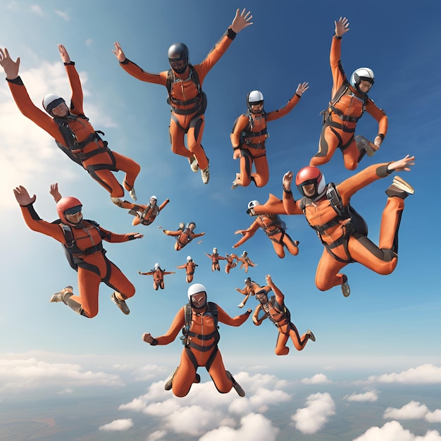 Photo a digital illustration of a professional skydiving team performing intricate formations in midair