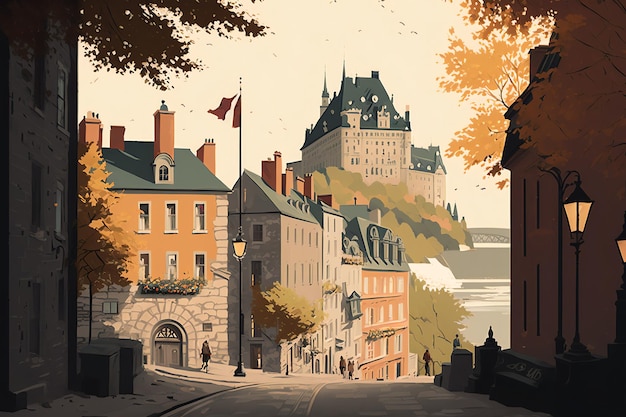 Photo a digital illustration of quebec city canada with cobblestone streets and historical architecture