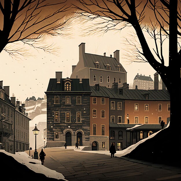 A digital illustration of Quebec City Canada with cobblestone streets and historical architecture