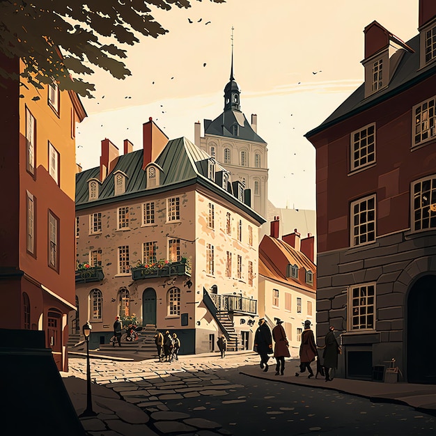 A digital illustration of Quebec City Canada with cobblestone streets and historical architecture