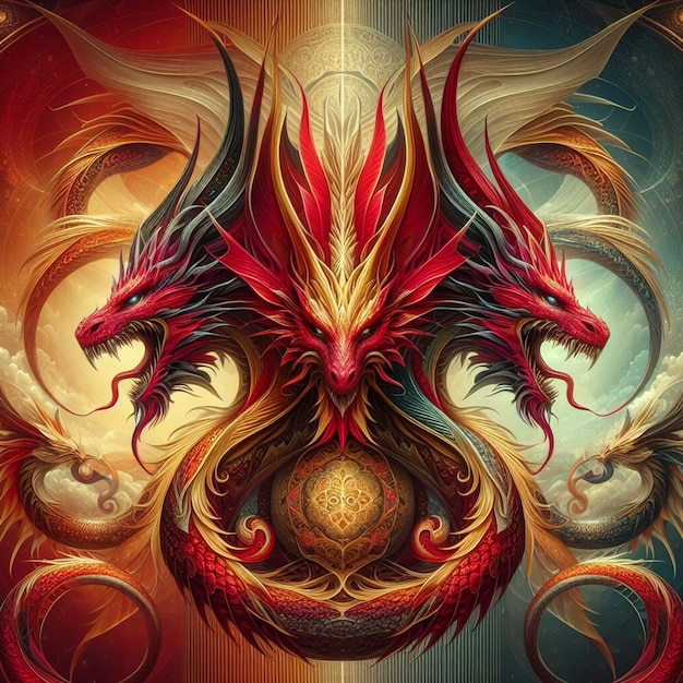 Digital Illustration Red Gold and Crimson Dragon