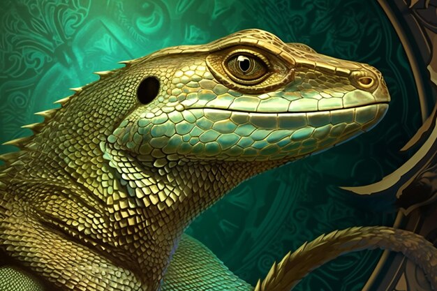 Digital illustration of a reptile in a fantasy landscape background