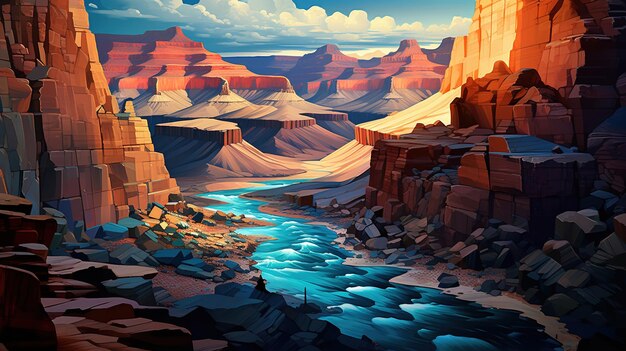 a digital illustration of a river with mountains in the background
