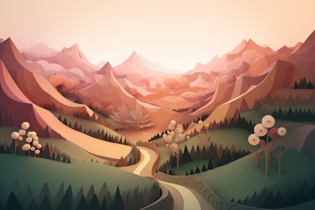 A digital illustration of a road in the mountains.