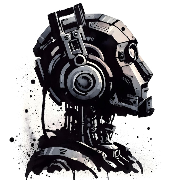 Digital illustration of a robot in black and white Digital painting