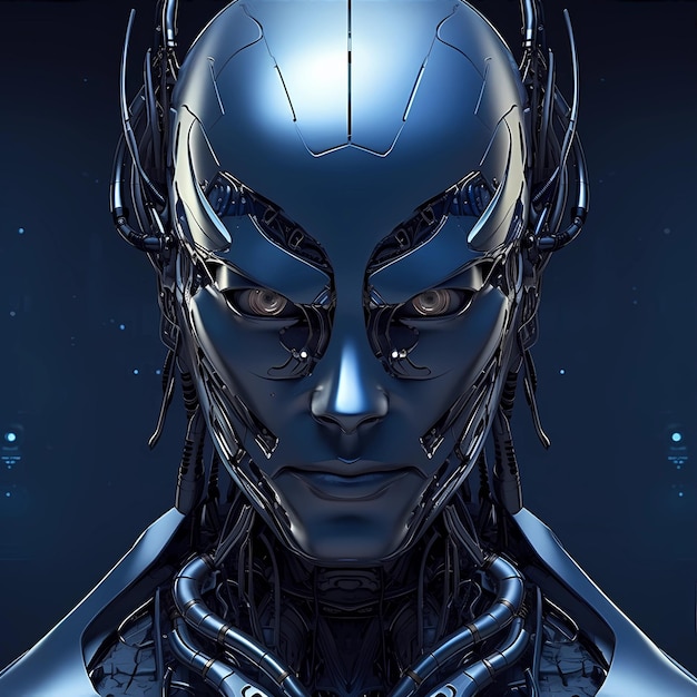 A digital illustration of a robot with a blue background.