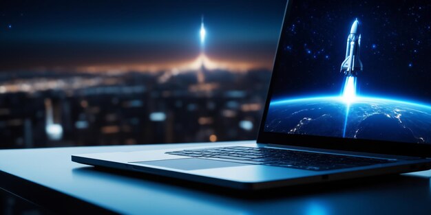 Photo digital illustration of a rocket and laptop background with blue neon light