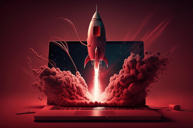 빨간색 네온 불빛이 있는 로켓 및 노트북 배경의 디지털 그림 Generative AI
