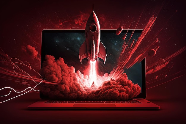 Digital illustration of rocket and laptop background with red neon light Generative AI