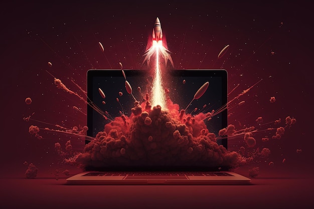 Digital illustration of rocket and laptop background with red neon light Generative AI