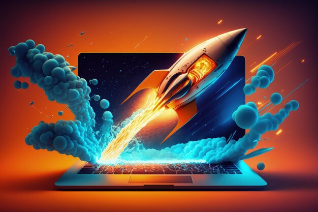 Digital illustration of rocket and laptop orange and blue background Generative AI