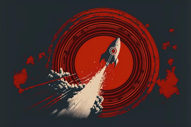 Digital illustration of rocket taking off releasing smoke on black background. Generative AI