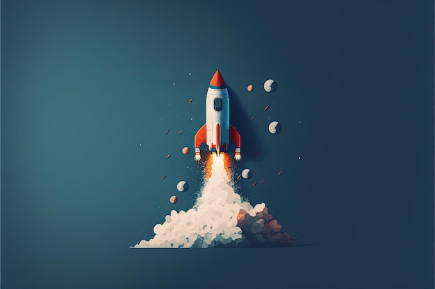 Digital illustration of rocket taking off releasing smoke on blue background. Generative AI