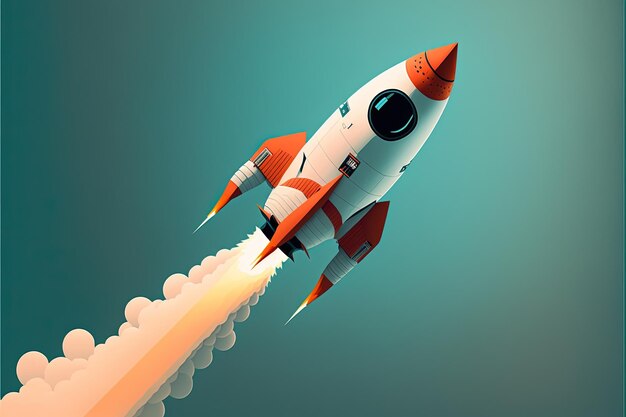 Digital illustration of rocket taking off releasing smoke on blue background. Generative AI