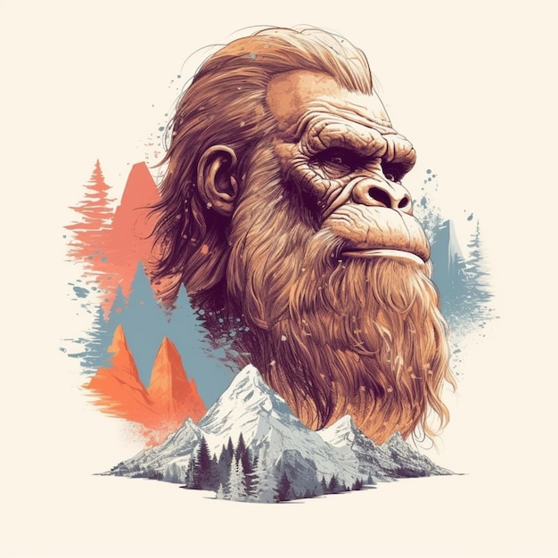 A digital illustration of a sasquatch with mountains in the background.
