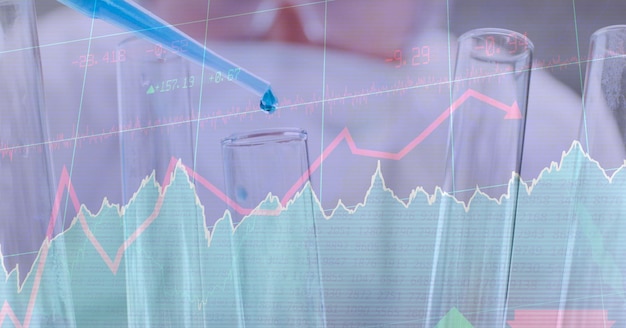 Digital illustration of a scientist pouring liquid into a test\
tube with a pipette over data processing, statistics showing in the\
background. medicine public health pandemic coronavirus covid\
19.