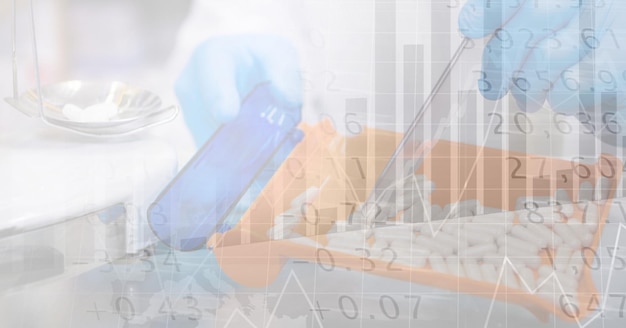 Digital illustration of a scientist using a pipette over data\
processing, statistics showing in the background. medicine public\
health pandemic coronavirus covid 19 outbreak concept digital\
composite.