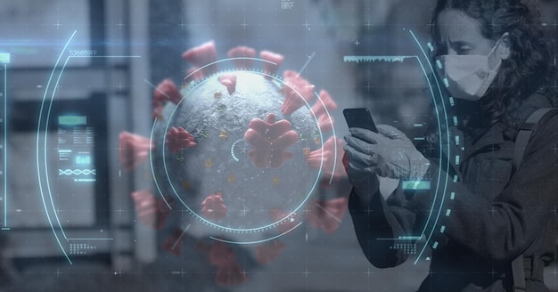 Digital illustration of scope scanning, finding a macro
covid-19 cell over a woman wearing a face mask, using a smartphone.
coronavirus covid-19 pandemic concept digitally generated