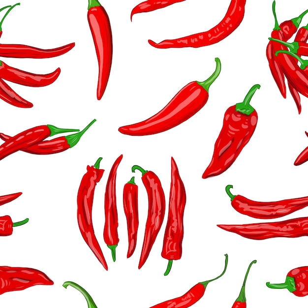 Digital illustration of a seamless pattern of red hot cayenne pepper pods on a white background high