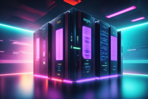 A digital illustration of a server room with neon lights.