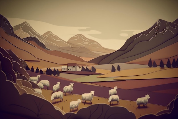 A digital illustration of sheep in a field with mountains in the background.