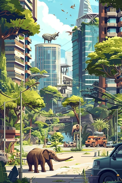 写真 都市における拡張現実の野生生物ゲームを示すデジタルイラスト