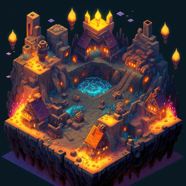 Цифровая иллюстрация маленького городка с пещерой и мостом с огнями.