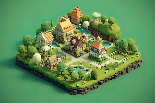 A digital illustration of a small town with a pond and trees.